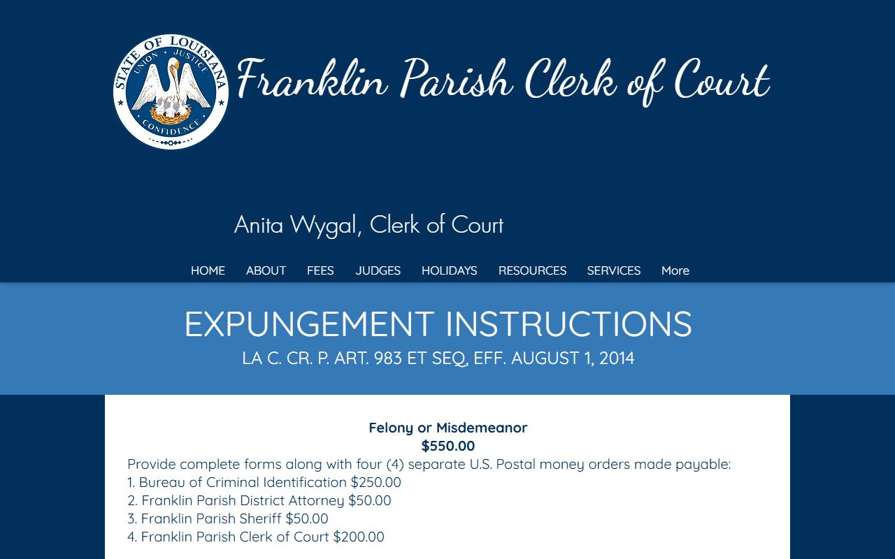Franklin Parish court records expungement fees after jail arrest