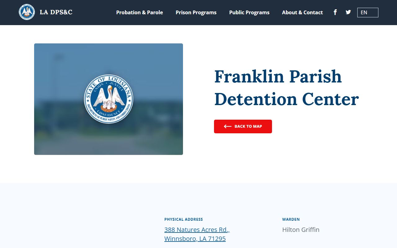 Franklin Parish Detention Center inmate custody listing on Louisiana DPS&C facility page